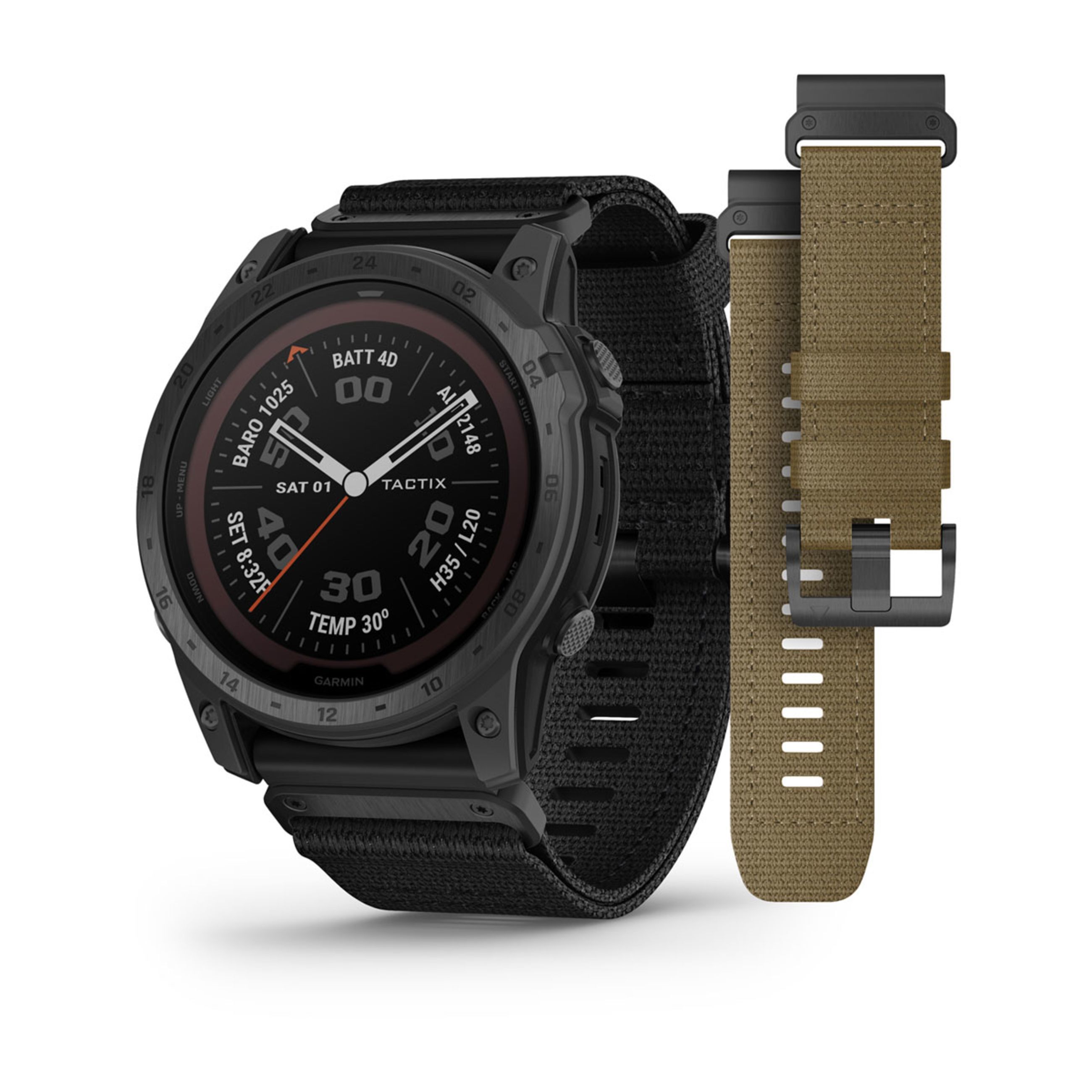 Tactix 7 – Pro Edition - Solar Powered Tactical Gps Watch With Black And Coyote Tan Nylon Bands