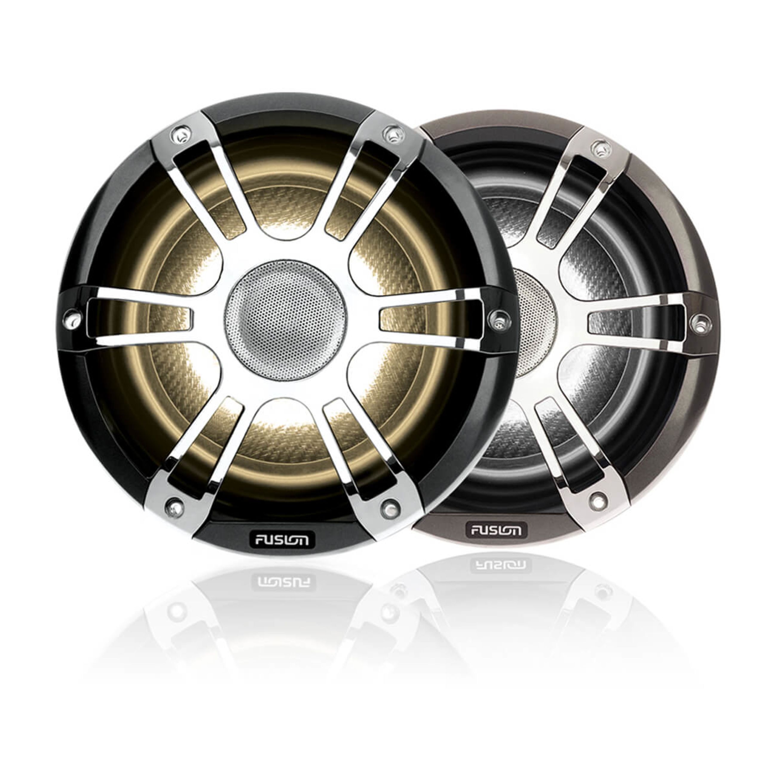 Fusion Signature Series 3 Marine Wake Tower Speakers - 7.7" 280 Watt Coaxial Sports Chrome Marine Speakers (Pair) With Crgbw Led Lighting